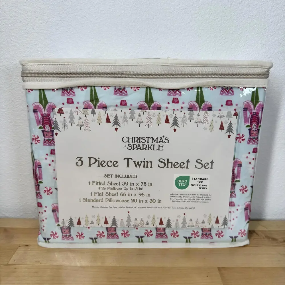 Christmas 3 Piece‎ Twin Sheet Set Nutcracker Holiday Pattern White Trees